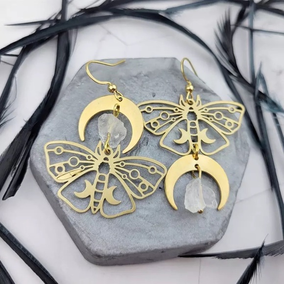 Vintage Jewelry - Vintage Bohemian Butterfly Crystals Moon Gold Drop Earrings